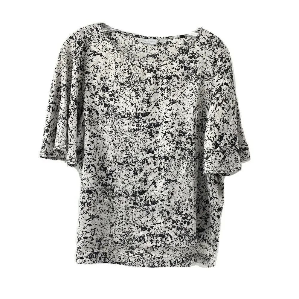 Wide Flutter Sleeve Black White Paint Splatter Top